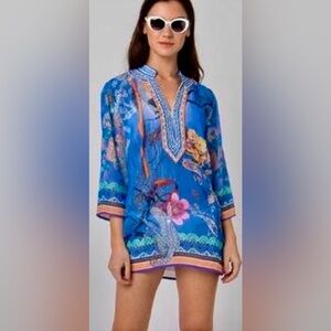 PIA ROSSINI Adilah Blue Print Tunic Top Swim Beach Cover Up SZ M Jewel Neckline